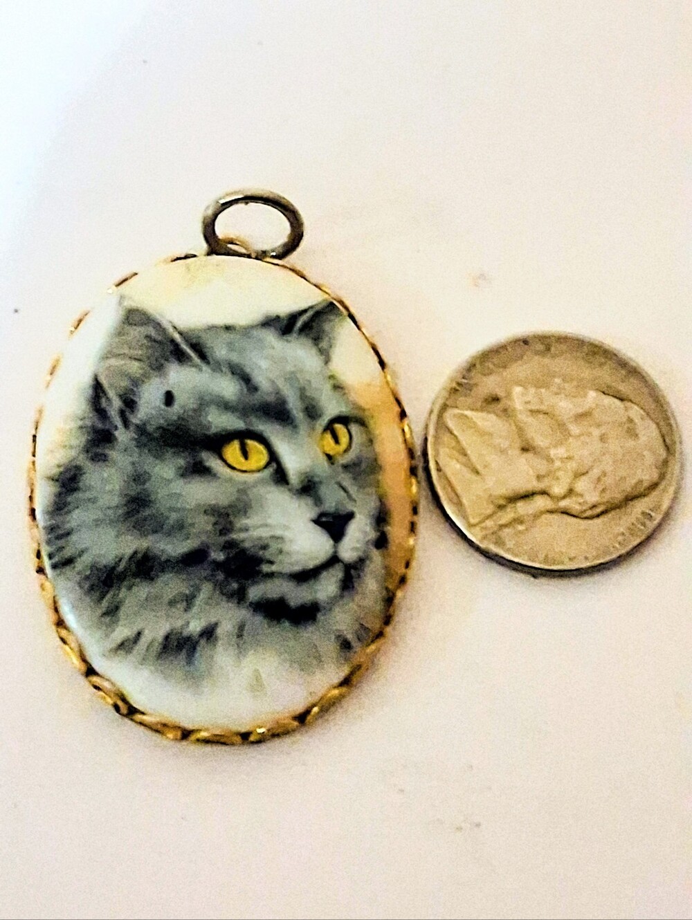 Vintage-Inspired Cat Portrait Pendant Gray Cat with Yellow Eyes